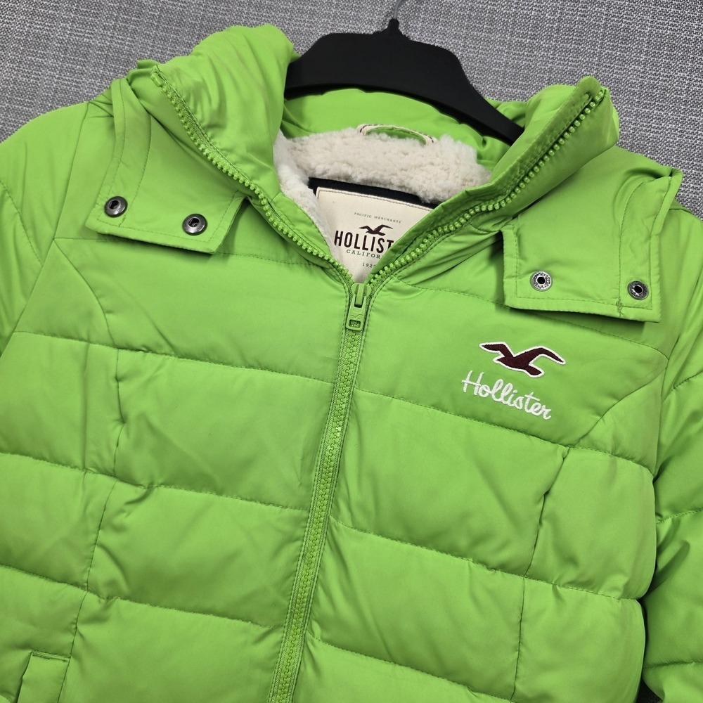 Hollister Puffer Jacket Womens Large Green Hooded Sherpa Fleece Lined Full Zip